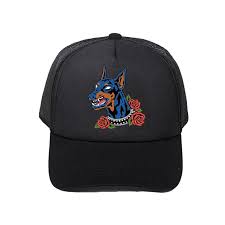 Primative dobermain guard dog black trucker